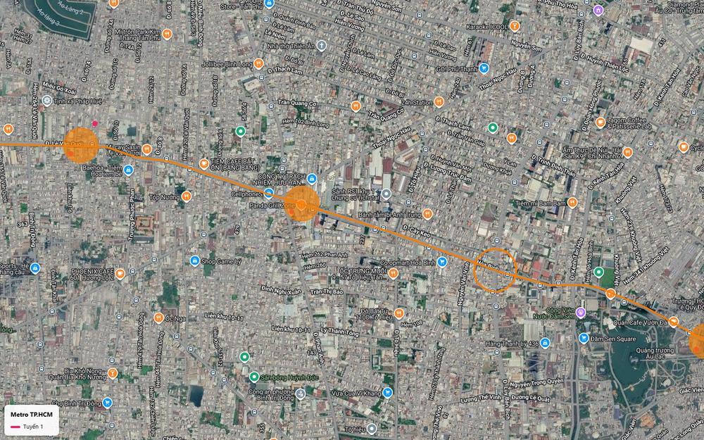 Đoạn tuyến metro số 1 qua khu Richstar thuộc Tân Phú, cắt đường Hòa Bình để hướng về công viên Đầm Sen