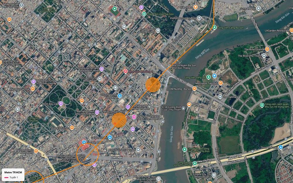 Ga ngầm Ba Son của tuyến metro số 1 sát mép sông Sài Gòn, gần cầu Ba Son và Vinhomes Golden River