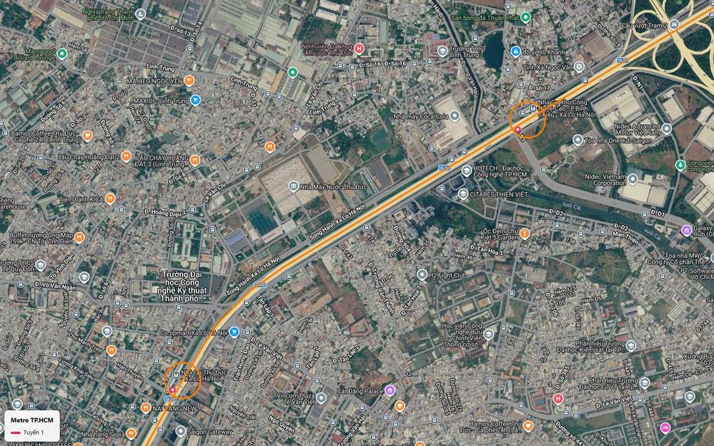 Ga Khu Công nghệ cao của tuyến metro số 1 bên Xa lộ Hà Nội, giữa các nhà máy Coca-Cola, Nidec và OneHub Saigon