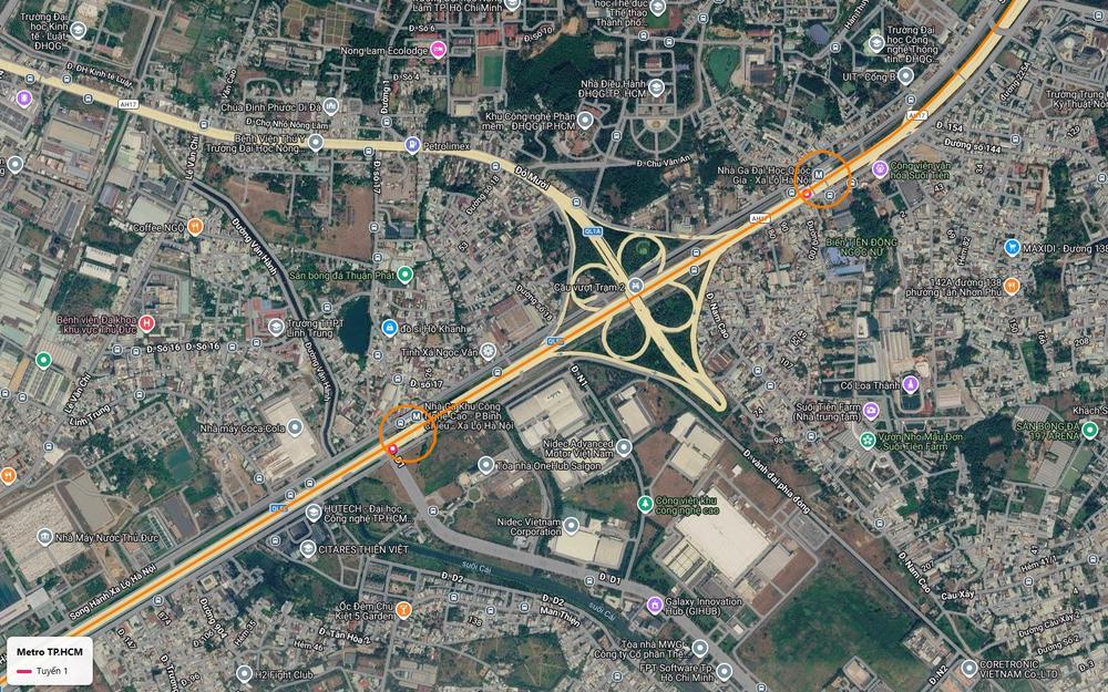 Tuyến metro số 1 giữ thẳng hành lang khi vượt nút giao hoa thị Trạm 2 để tới ga Đại học Quốc gia