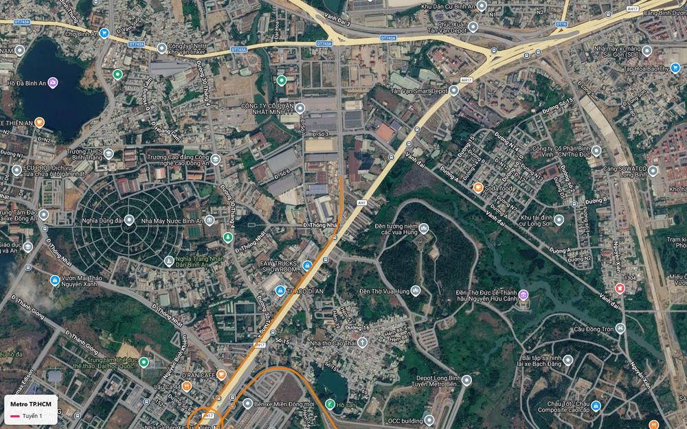 Đoạn chuyển tiếp của tuyến metro số 1 qua Dĩ An hướng Tân Vạn, gần nút giao Vành Đai 3 và cảng Bình Dương