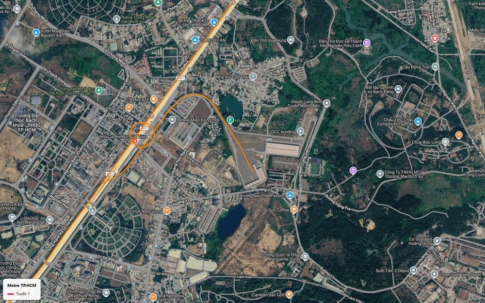 Nhánh chữ U của tuyến metro số 1 tách sau ga Bến xe Suối Tiên và dẫn vào các làn ray của depot Long Bình