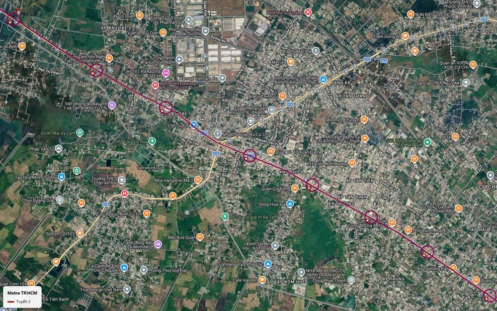 Tuyến metro số 2 TP.HCM đi xuyên thị trấn Củ Chi, ngang chợ Củ Chi và các ấp Tân Tiến, Tân Định trên ảnh vệ tinh