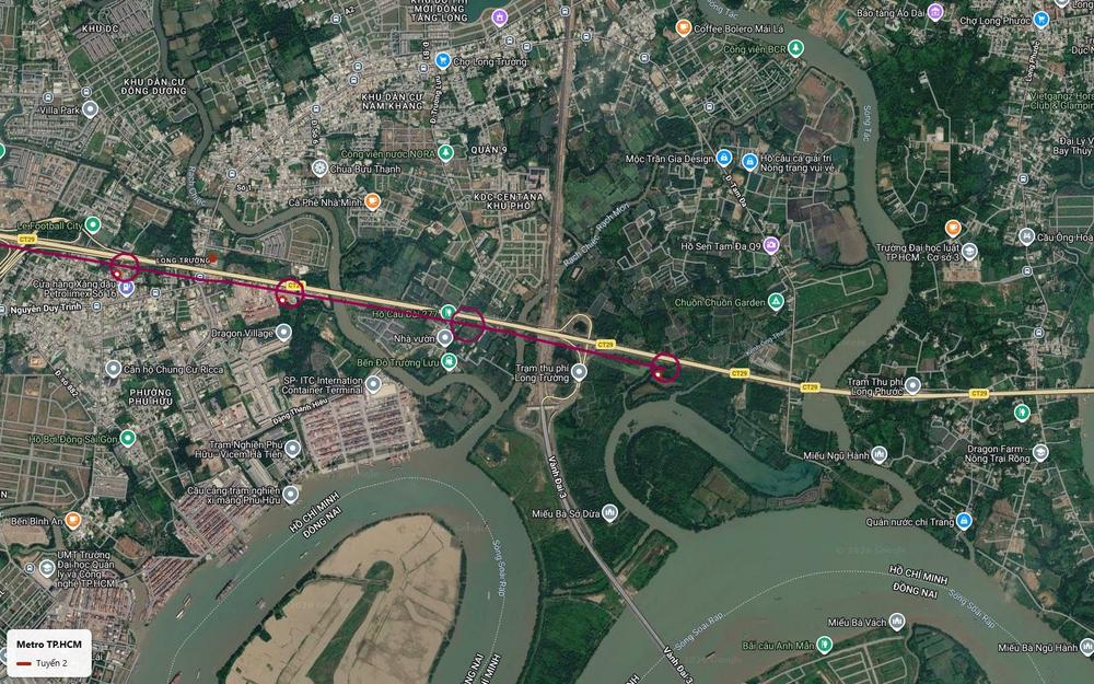Điểm cuối phía đông của tuyến metro số 2 TP.HCM tại Long Phước, Thủ Đức, gần trạm thu phí Long Trường và hành lang Vành đai 3
