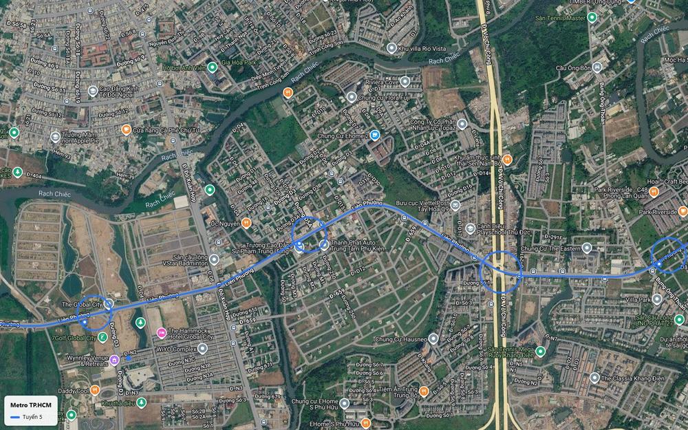 Chặng đường bộ tuyến metro số 5 vượt rạch Chiếc, giao Đỗ Xuân Hợp gần The Global City