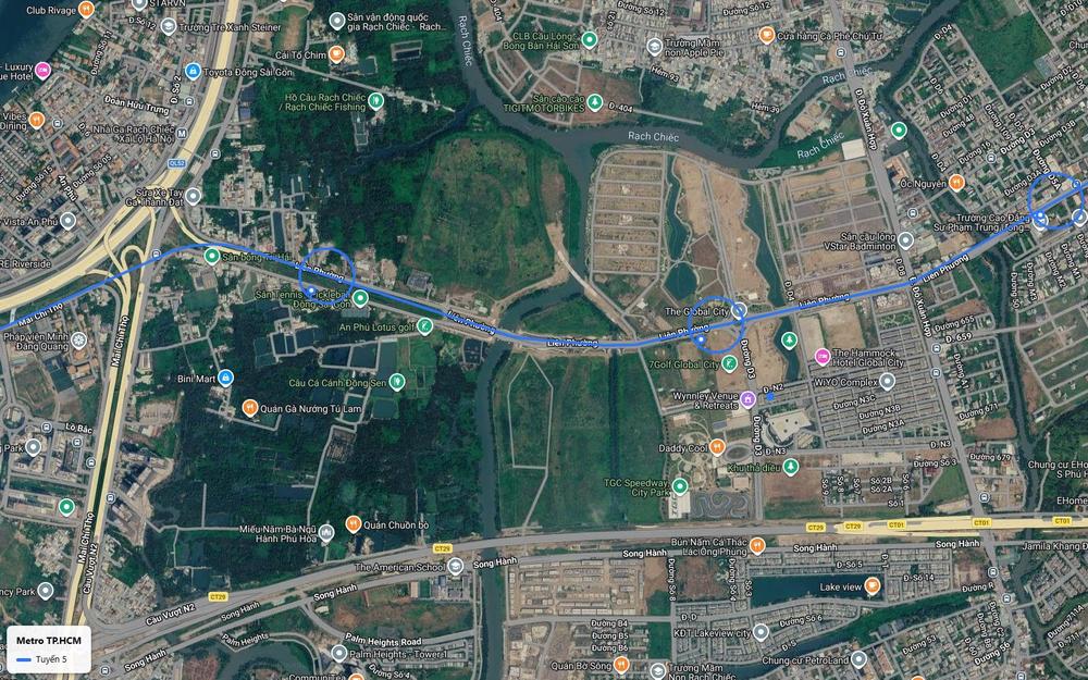 Chặng đường bộ tuyến metro số 5 giữa The Global City và sân vận động quốc gia Rạch Chiếc