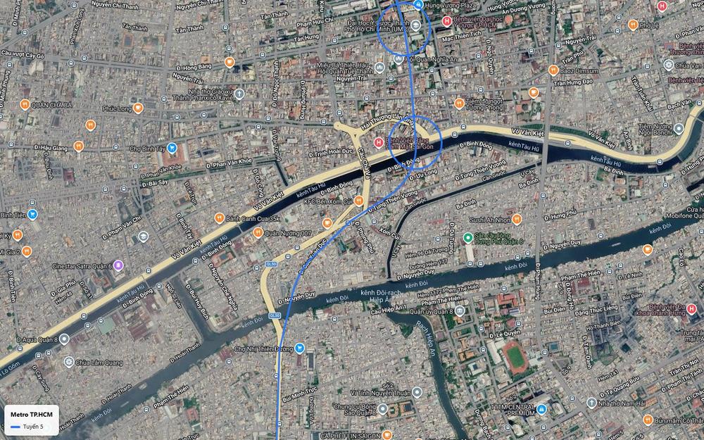 Chặng kênh rạch tuyến metro số 5 vượt kênh Tàu Hủ và kênh Đôi vào Quận 8