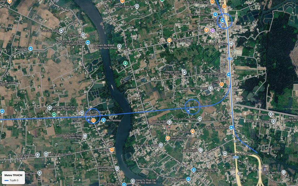 Chặng ruộng đồng tuyến metro số 5 tách khỏi Quốc lộ 50 tại Đa Phước, uốn về Đông Nam