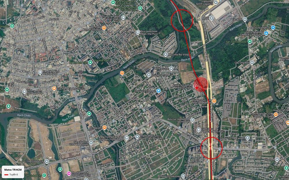 Tuyến metro số 6 bám Võ Chí Công đoạn Tăng Nhơn Phú qua rạch Chiếc gần Rio Vista Riviera Cove Flora Fuji