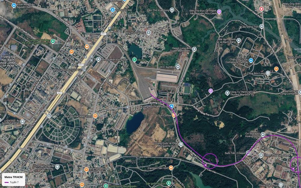 Bản đồ điểm đầu tuyến metro số 7 tại depot Long Bình cạnh Bến xe Miền Đông mới và Xa lộ Hà Nội