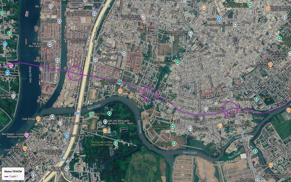 Bản đồ tuyến metro số 7 cắt Xa lộ Hà Nội gần nhà ga Phước Long metro số 1 và cụm cảng ICD Trường Thọ