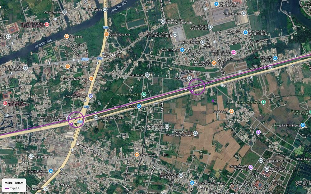 Bản đồ tuyến metro số 7 với ga tại nút giao Nguyễn Văn Linh và Quốc lộ 1A gần Bệnh viện Đa khoa Bình Chánh