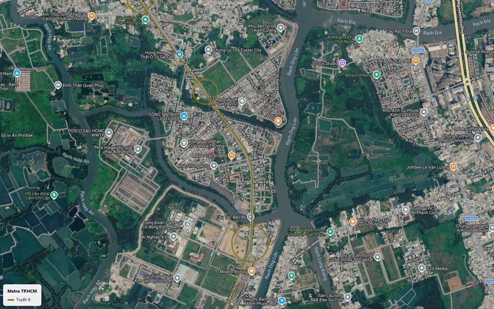 Ảnh vệ tinh đoạn xã Bình Hưng Bình Chánh tuyến metro số 8 qua cầu Tắc Bến Rô và khu Milano Bờ Tây