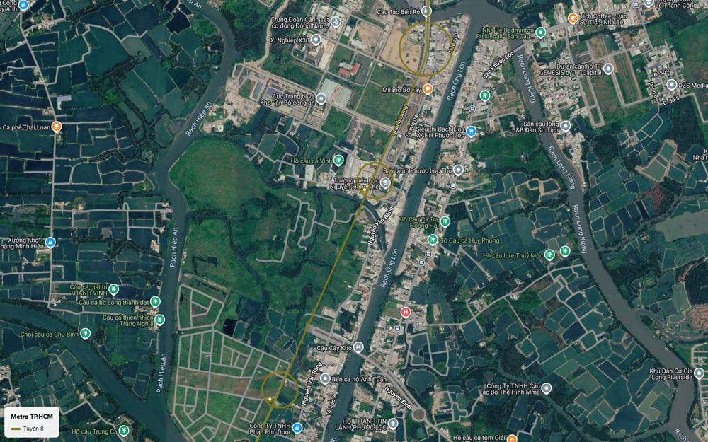 Ảnh vệ tinh tuyến metro số 8 dọc rạch Ông Lớn qua xã Phước Lộc huyện Nhà Bè trên đường Nguyễn Văn Ràng